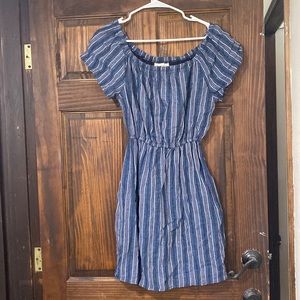 Blue Jean strip dress; off the shoulder and above the knee
